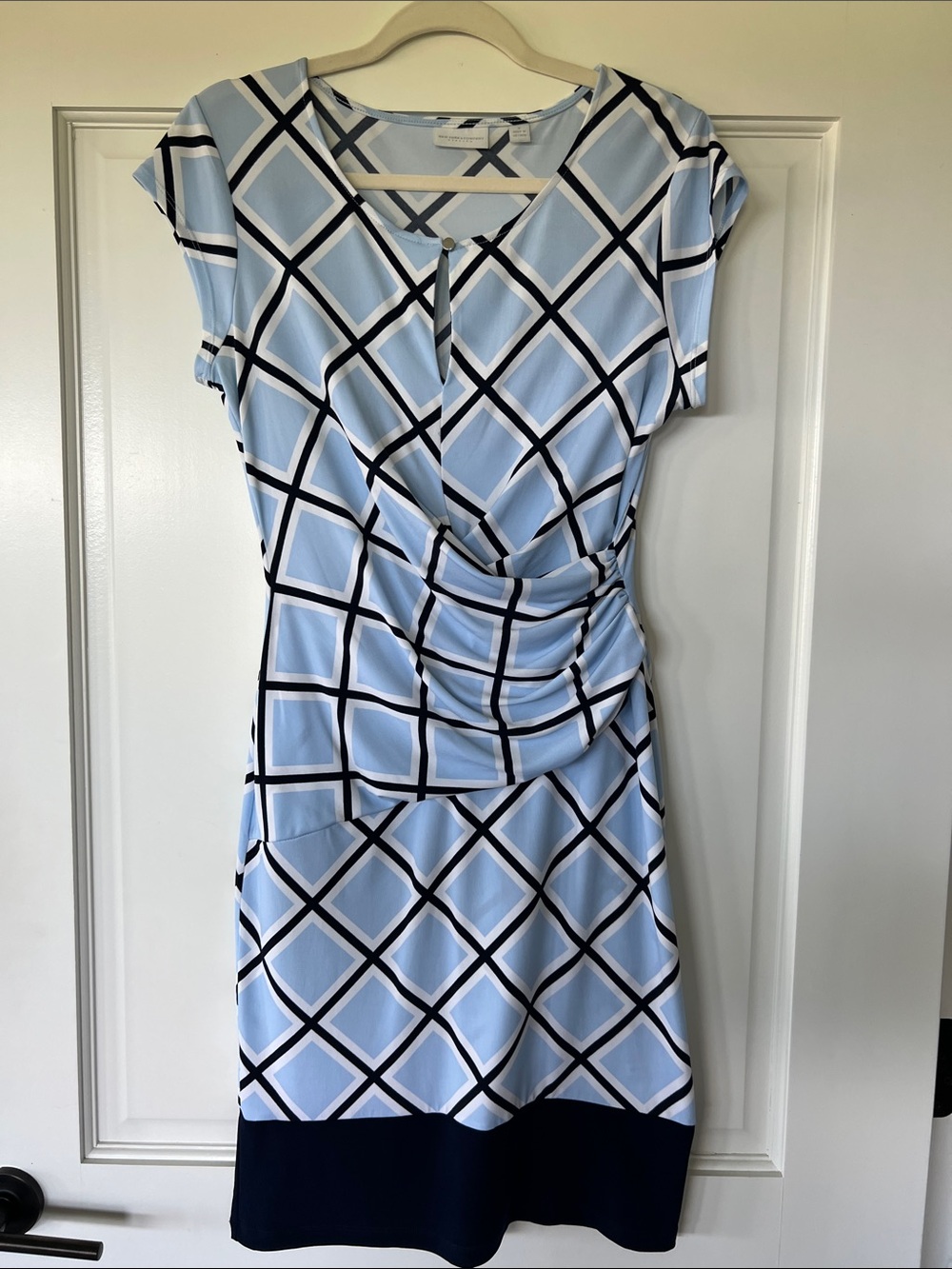 New York & Company Light Blue Geometric Midi Dress with Navy Hem